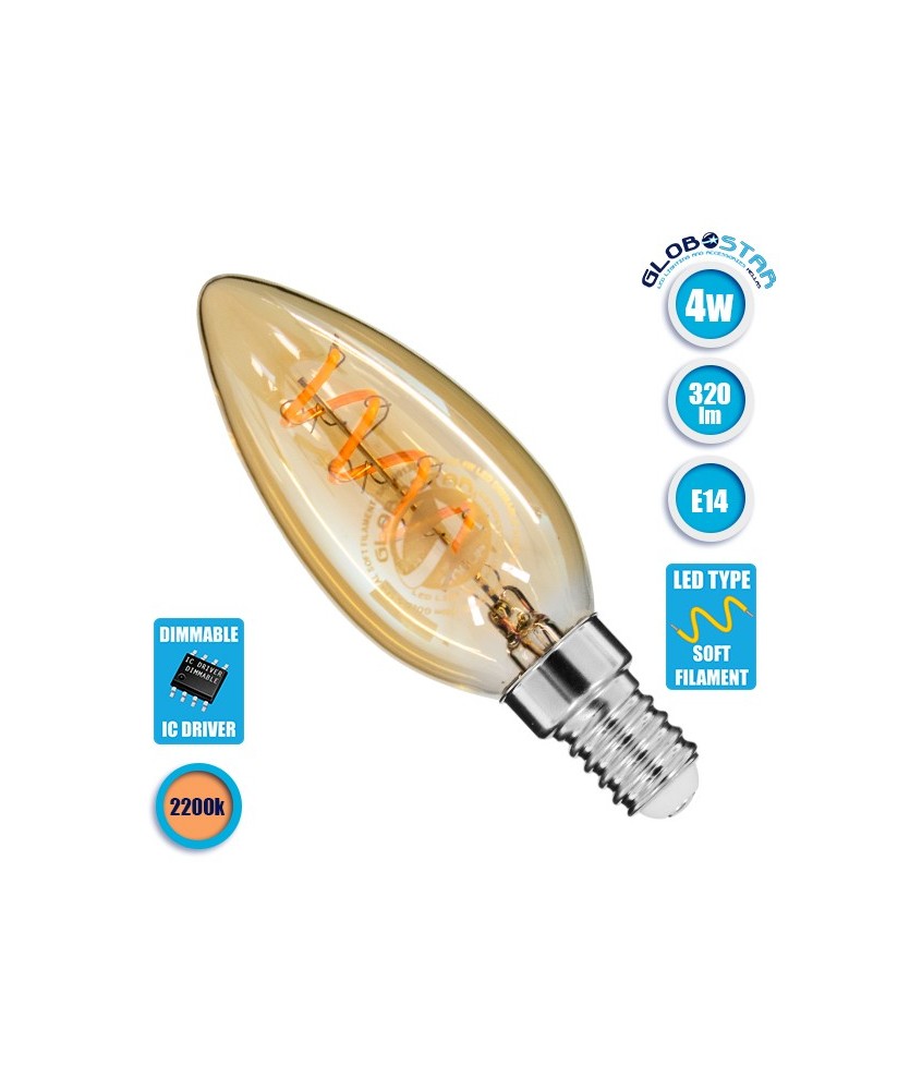 GLOBOSTAR® CANDLE 99133 Λάμπα Κεράκι E14 C35 LED 4W 320lm 360° AC 220-240V IP20 Ultra Θερμό Λευκό 2200K Dimmable - Soft S Spiral Filament Chip - Μελί - Μ3.5 x Π3.5 x Υ9.8cm - 3 Χρόνια Εγγύηση